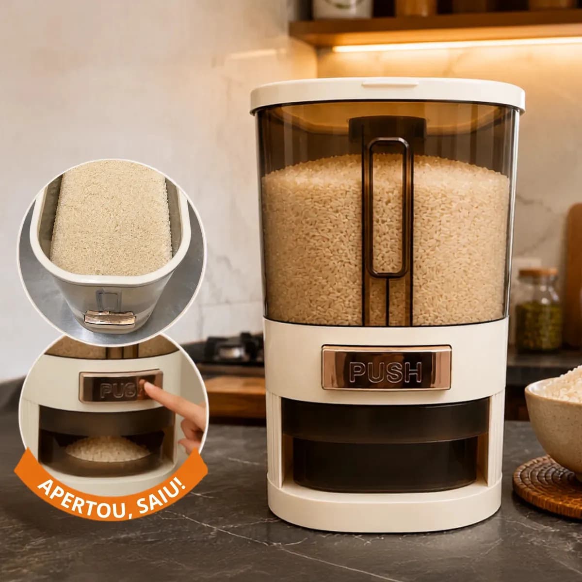 Dispenser De Alimentos organizador Grãos Arroz Cereais temperos dispensador de cozinha com copo medidor porta cereal organizado 5kg Dispense para armazenamento de alimentos pote de