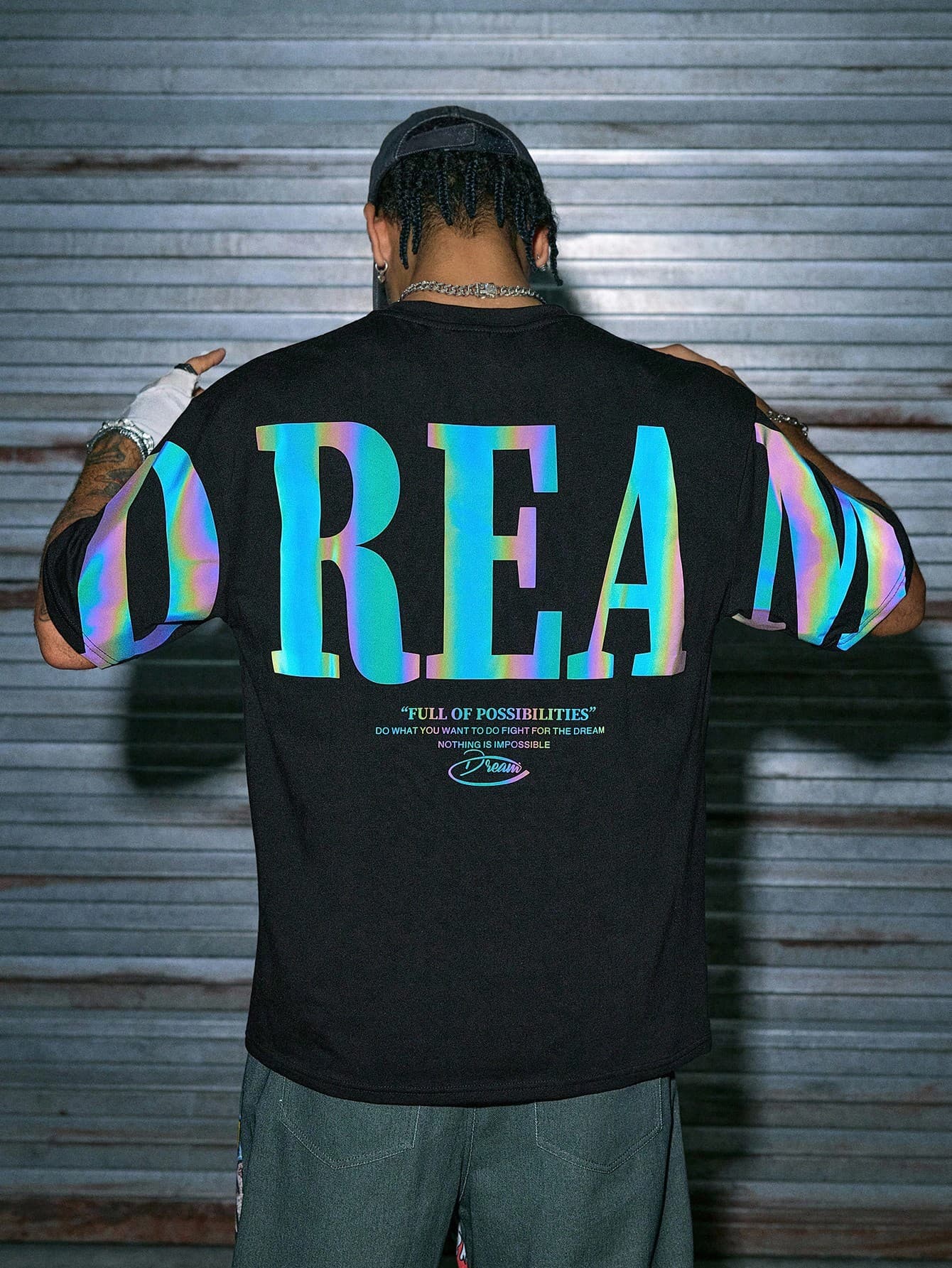 AXEPEAK Camiseta masculina de algodão de ajuste folgado com Estampa Gráfica Reflexiva de Letras